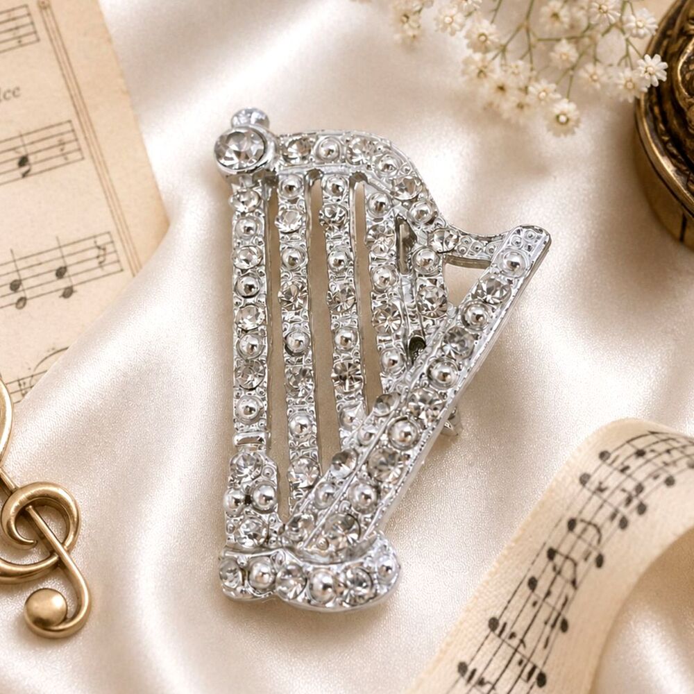 Vintage Silver Tone Rhinestone Harp Brooch